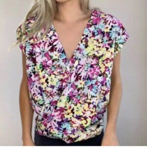 Cabi Eden Floral Wrap Flower Power Faux Wrap Top Women's M‎ Multi Cap Sleeve